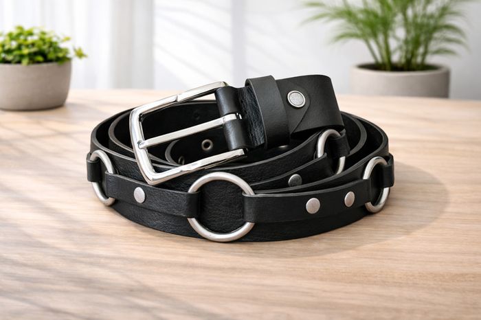 Unisex Black Leather Ring Belt Punk Gothic O-Ring Belt with Silver Buckle for Men & Women