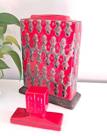 Vintage Large PTMD Red and Black Vase / Pot with Lid