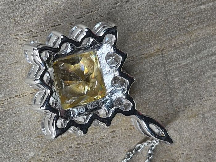 Sterling Silver Yellow Canary Cubic Zirconia Cushion Cut Pendant Necklace 7.12g