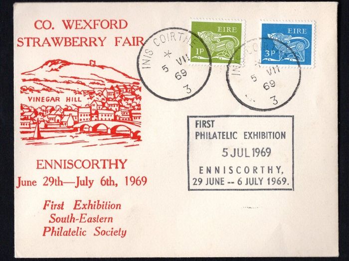 1969 Ireland First Philatelic Exhibition South-Eastern Philatelic Society Enniscorthy 29 June-1969 with Enniscorthy steel cancel tying 2 Gerl definitive stamps on illustrated cover.
