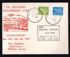 1969 Ireland First Philatelic Exhibition South-Eastern Philatelic Society Enniscorthy 29 June-1969 with Enniscorthy steel cancel tying 2 Gerl definitive stamps on illustrated cover.