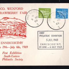 1969 Ireland First Philatelic Exhibition South-Eastern Philatelic Society Enniscorthy 29 June-1969 with Enniscorthy steel cancel tying 2 Gerl definitive stamps on illustrated cover.