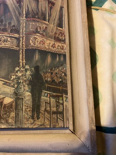 painting This is a striking dramatic artwork depicting a stage performance or lecture scene inside a classic, ornate theatre or opera house.