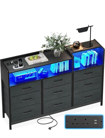 Black Chest of Drawers Bedroom, 9 Fabric Drawers, 130 x 30 x 97cm