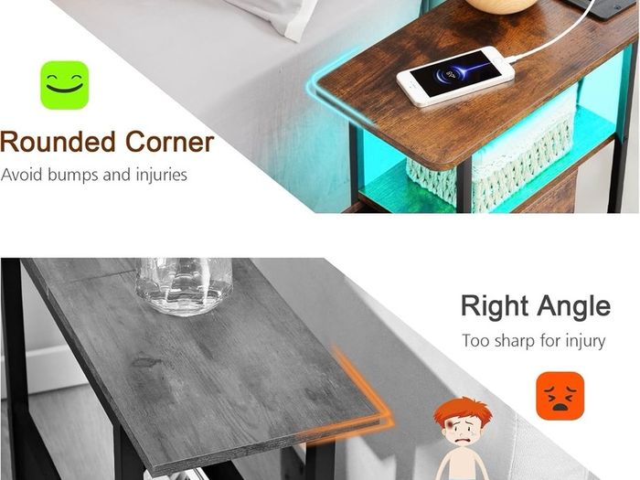 Slim Bedside Table Set of 2 with Charging Station