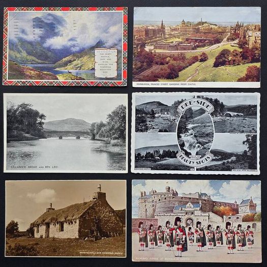 6 Vintage Scotland Postcards Edinburgh Highlands Tartan Pipes Scenic Views c1900 1950