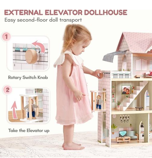 Wooden Dolls House, 2.6 Feet High with Elevator, Doorbell, Light 15 Pieces Furnitures and 3 Dolls, Toys Suitable for Girls Aged 3-7+, Birthday and Christmas Gift