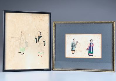 Antique Fine Pair of Chinese Watercolor Paintings on Rice Paper