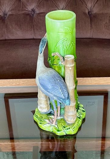 Antique Art Pottery Bretby Pottery 1890s Bamboo and Stork Large Spill Vase