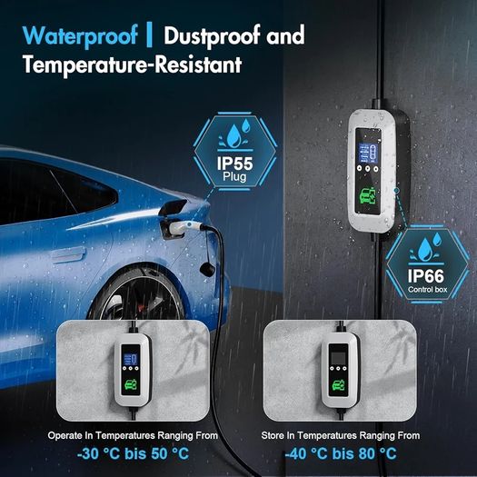 EV Charger Cable Type 2 to 3 Pin Plug 3KW, 6M, 6/8/10/13A, Adjustable Current EV Charger,With LED Screen Timing Delay IP66/IP65, With Carry Bag and Type 2 EV Cable Holder for EVs and PHEVs