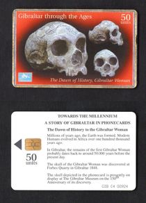 1999 Gibraltar 50 unit Dawn Of History , Bibraltar Woman (showing skulls) (Gemplus - GEM5 (Red)) Phonecard