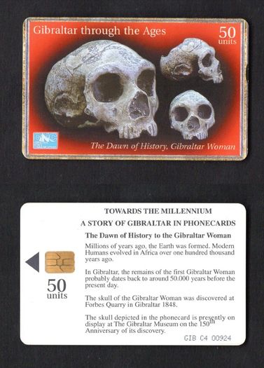 1999 Gibraltar 50 unit Dawn Of History , Bibraltar Woman (showing skulls) (Gemplus - GEM5 (Red)) Phonecard