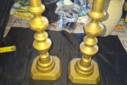 Beautiful Pair of Brass Candlesticks have a distinctive shape with a stacked, diamond-like or beehive styled stem and a sturdy hexagonal base, Postage Available
