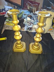Beautiful Pair of Brass Candlesticks have a distinctive shape with a stacked, diamond-like or beehive styled stem and a sturdy hexagonal base, Postage Available