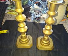 Beautiful Pair of Brass Candlesticks have a distinctive shape with a stacked, diamond-like or beehive styled stem and a sturdy hexagonal base, Postage Available