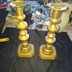 Beautiful Pair of Brass Candlesticks have a distinctive shape with a stacked, diamond-like or beehive styled stem and a sturdy hexagonal base, Postage Available