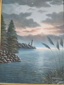 Vintage John Haskins Original Oil Painting  Moonlit Lighthouse Seascape