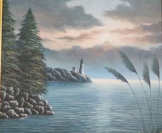 Vintage John Haskins Original Oil Painting  Moonlit Lighthouse Seascape