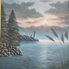 Vintage John Haskins Original Oil Painting  Moonlit Lighthouse Seascape