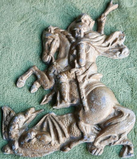 Vintage Aluminum Warrior Killing The Dragon Horseman Fighting With Dragon Reliev Figurine 9" X 7,5"