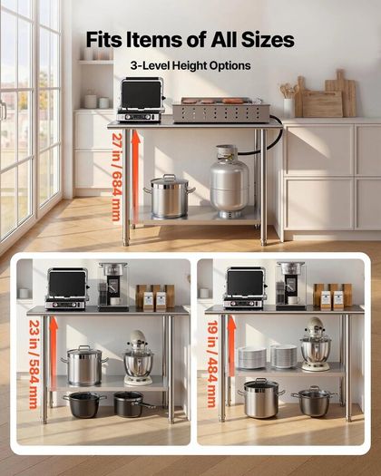 Stainless Steel Food Prep Table Workstation with Adjustable Undershelf  6 x 122 cm