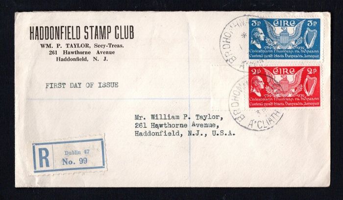1939 Ireland US Constitutions (150th Anniversary) Commemorative Stamps First Day Cover (FDC) with Domhnach Broc (Donnybrook) Cancel and Dublin Registered label No 99. Noted multiple receiving cancel on the reverse.