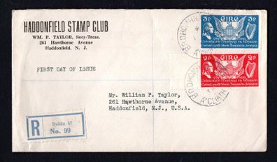 1939 Ireland US Constitutions (150th Anniversary) Commemorative Stamps First Day Cover (FDC) with Domhnach Broc (Donnybrook) Cancel and Dublin Registered label No 99. Noted multiple receiving cancel on the reverse.