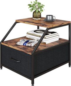 Side Table, Industrial End Table with Oblique Angled Storage Shelf, Removable Fabric Drawer and Adjustable Leg Pads,Nightstand Beside Table for Living Room Bedroom (1PCS, Rustic Brown)