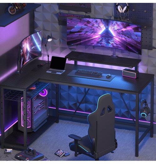 147CM L-Shaped Gaming Desk with RGB Lights & Power Outlets