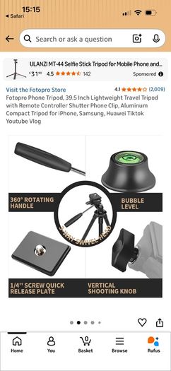 Lightweight tripod for phone or camera, with remote
