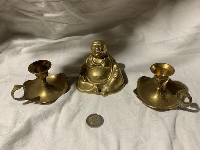 antique brass buddha set with candle holders
