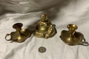 antique brass buddha set with candle holders