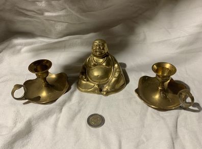antique brass buddha set with candle holders