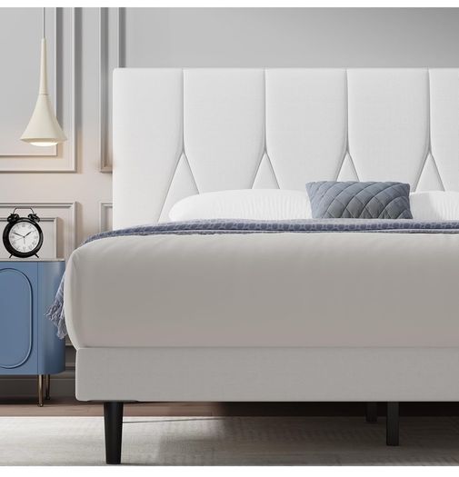 Small Double Bed Frame, White, Upholstered Wooden Slat Bed Frame with Headboard
