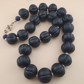 Antique African Style Dark Black Melon Shape Glass Beads Necklace