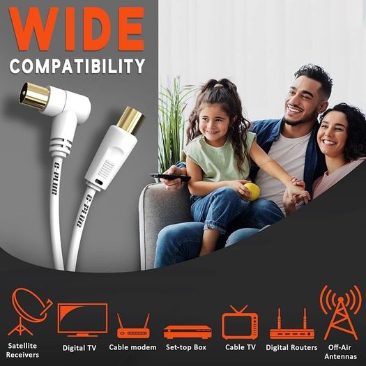 1m TV Aerial Cable with Right Angle Plug Adapter - Coaxial Satellite Cable, TV Antenna AV Lead Male to Male, RF Connector Coax Extension Gold for FreeView