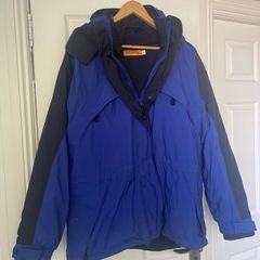 mens regatta jacket blue colour blocking with built in hood in perfect condition like new need gone ASAP due to house clearance