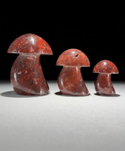 3 Hand-Carved Red Jasper Mushroom Sculptures - Natural Stone