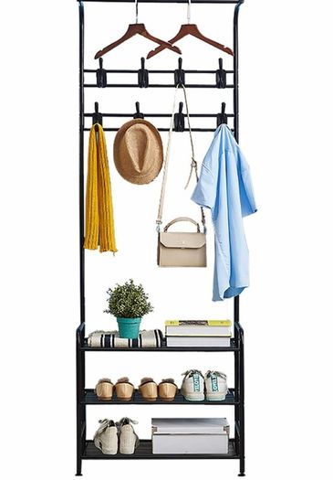 Coat Rack Shoe Bench with 16 Hooks, Metal Coat Hat Rack Free Standing Clothes Stand with 3-Tier Shoe Rack Bench, Hat Umbrella Stand Hallway Organiser, 3-in-1 Hall Tree with Metal Frame
