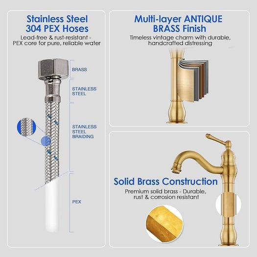 Antique Brass Vintage Retro Tall Tap for Bathroom Basin, High Rise Bathroom Sink Mixer Tap with 360 Swivel Spout, Brass Construction Basin Mixer Tap, Cloakroom Classic Countertop