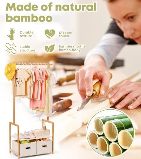 Children's Clothes Rack, with 2 Storage Boxes and 2 Adjustable Hanging Rails, Clothes Rail & Shelf, Children's Room, Children Wardrobe, for Baby Girls Boys Natural Colour