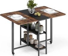 Drop Leaf Table with Storage Shelves Extendable for Small Spaces Kitchen Dining Room, 120 x 80 x 75 cm, Rustic Brown and Black