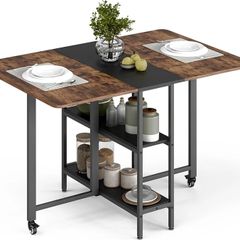 Drop Leaf Table with Storage Shelves Extendable for Small Spaces Kitchen Dining Room, 120 x 80 x 75 cm, Rustic Brown and Black