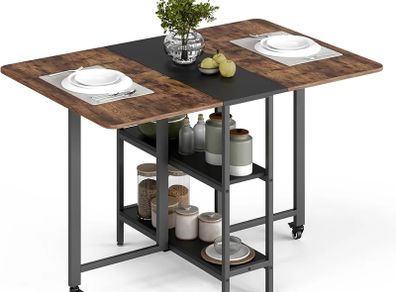 Drop Leaf Table with Storage Shelves Extendable for Small Spaces Kitchen Dining Room, 120 x 80 x 75 cm, Rustic Brown and Black