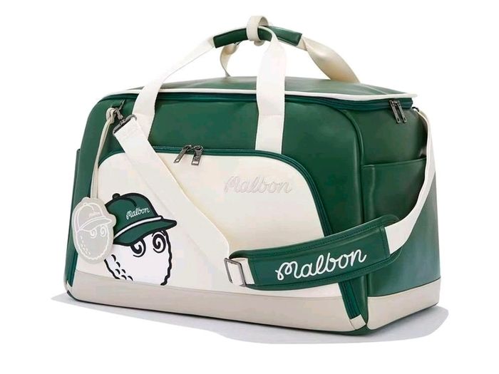 Malbon Golf Boston Bag Green Cream Buckets Duffel with Shoulder Strap