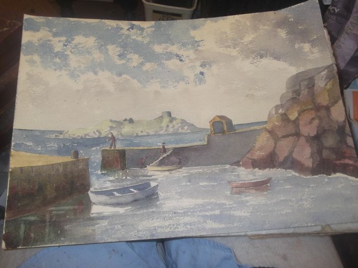 a water colour painting of a harbour,irelands eye