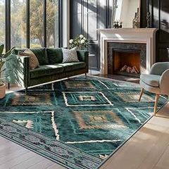 Machine Washable Large Rugs Living Room, 180x270 cm Non-Slip Area Rugs, Short Pile Green Rug for Bedroom, Hallway, Bedroom, and Kitchen, Office, Teal/Green
