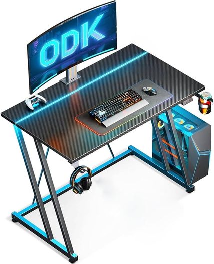 Gaming Desk with LED Lights & Power Outlet, Gaming Table with Cup Holder and Headphone Hook, Double Z Frame Design Computer Desk Carbon Fiber Black 80 cm