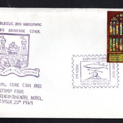 1969 Ireland Cork Philatelic and Numismatic Society Exhibition Souvenir Show cancel tying 1s Contemporary Irish Art: Stained Glass Church Window by Evie Hone Commemorative Stamps on illustrated cover.