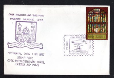1969 Ireland Cork Philatelic and Numismatic Society Exhibition Souvenir Show cancel tying 1s Contemporary Irish Art: Stained Glass Church Window by Evie Hone Commemorative Stamps on illustrated cover.